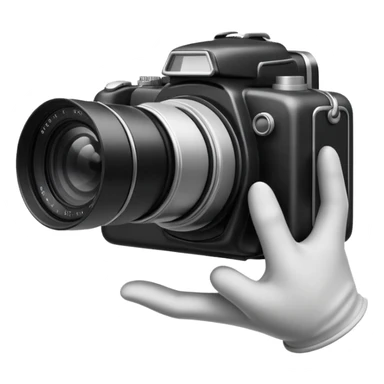 Minimalist emoji-style sticker of a photo camera ejecting a photo, but a hand comes out instead. Black and white, surreal icon.
 sticker