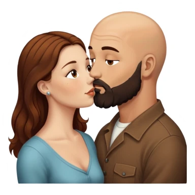 Couple. Bald man with dark brown-black beard. White woman with many small, faded freckles, she has white skin and she has auburn-brown-cinnamon, dark long hair. She has light brown eyes. The man have hazel eyes. Retro style. They kiss. sticker