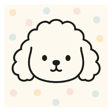 minimalist kawaii line art of a poodle-like dog head: large, round, fluffy head, puffy curly ears hanging down, very simple face with two dot eyes, tiny round nose, upside-down 'Y' mouth. thick, bold, clean black lines on white, symmetrical, calm and sweet expression. no color or shading, just black linework. slightly hand-drawn but polished, child-friendly. sticker