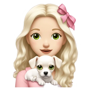 pale blond yt girl with wavy long platinum white hair with bright green eyes holding a white chihuahua puppy that wearing a pink bow sticker