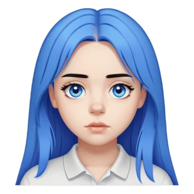 billie eilish long black hair blue eyes dark eyeliner makeup, wearing white polo shirt sticker