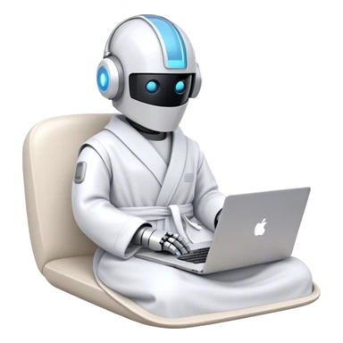 Emoji of a remote-working robot in a cozy smooth bathrobe with a laptop. The robot has a sleek helmet-like head with LED digital eyes. Relaxed yet high-tech vibe. sticker