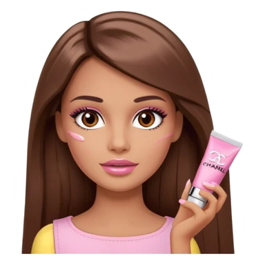 Barbie girl a brown long Straight hair and brown eyes is In pale pink smears by hand cosmetic cream Chanel on her face sticker
