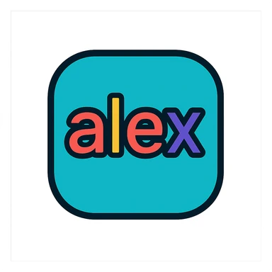 the name 'alex' in a rounded icon style, soft edges, friendly, suitable for branding sticker