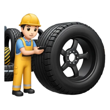 please draw me a emoji of tire - inside the manufacturing factory - getting inspected by machine not the human - the machins is checking uniformity - machine is complicated  sticker