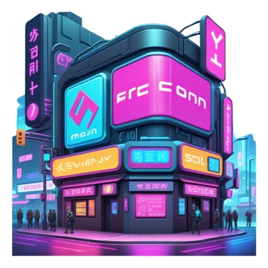 Cyberpunk street corner with neon blinking signage and holographic advertisements sticker