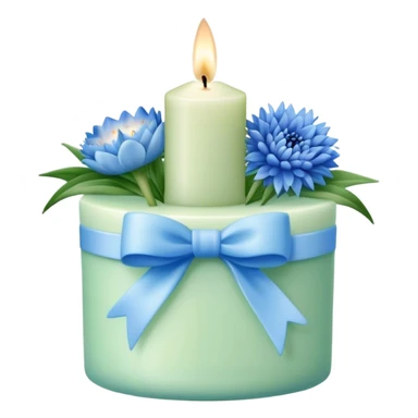 Chanel candle in blue and green with a light blue bow and cornflower bouquet  sticker