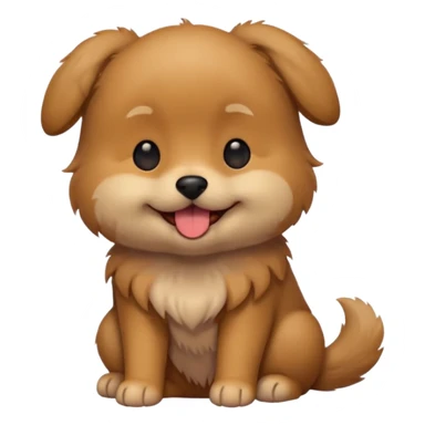 Cute small brown fluffy dog emoji icon. Round face, short muzzle, light brown fur with slightly darker ears, small black nose, happy smiling expression with tongue out. Soft friendly eyes, sitting pose with front paws together. Simple clean vector style, minimal details, kawaii style. sticker
