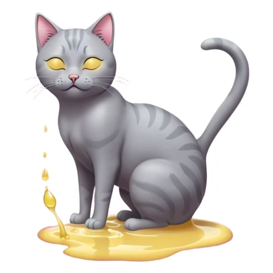 A digital illustration of a grey cat peeing in a playful, cartoonish style. The cat has a relaxed expression with closed eyes and a small, peaceful smile. It is raising one of its hind legs while urinating, with a visible stream of yellow liquid forming a small puddle on the ground. The cat’s tail is curved upwards, and its ears are perked with pink inner coloring. The background is a solid bright blue, creating a simple yet eye-catching contrast with the dark grey fur of the cat. The illustration uses clean, smooth linework and a minimalistic color palette, giving it a modern and humorous aesthetic. sticker