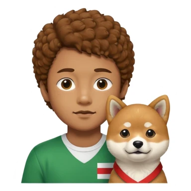 Italy flag shirt boy with chin hairs brown curly hair next to Shiba Inu sticker