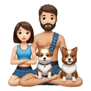 emoji of brunette man with beard wearing kilt, brunette woman in yoga outfit and one white fluffy dog sticker