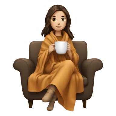 Brunette white girl covered in blanket autumn vibe sitting on a cozy chair holding coffee sticker