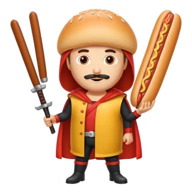 Middle aged attractive man wearing a hot dog costume wielding a katana sticker