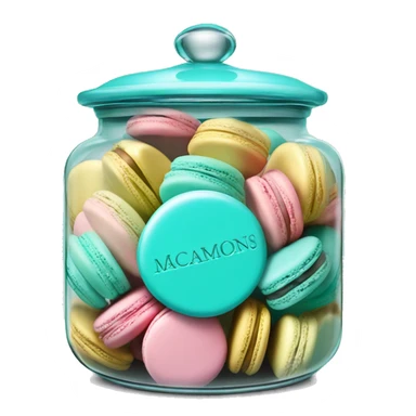 Realistic isolated glass cookie jar with tiffany blue lid and filled with colorful macarons inside of it. sticker