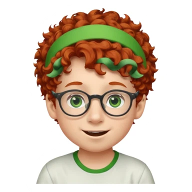 redhead kid with unique face features and very curly hair kid boy happy and big glassess and big nose and very green eyes and headband sticker