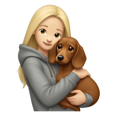 long blonde hair girl dressed in grey hoodie holds and hugs a brown dachschund  sticker