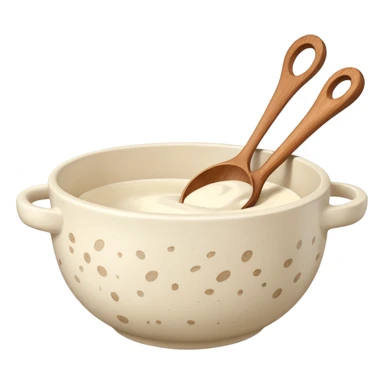 a cream ceramic mixing bowl with a wooden spoon stirring sticker