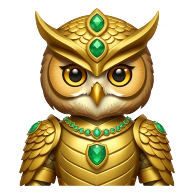 owl warrior wearing golden armor embedded with emerald jewels sticker