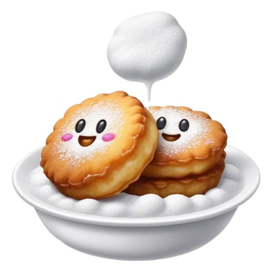 Buñuelo Cinematic Realistic Buñuelo Dessert Emoji, depicted as perfectly round, fluffy fritters served in a small bowl with a dusting of powdered sugar, rendered with vibrant textures and warm, inviting lighting. sticker