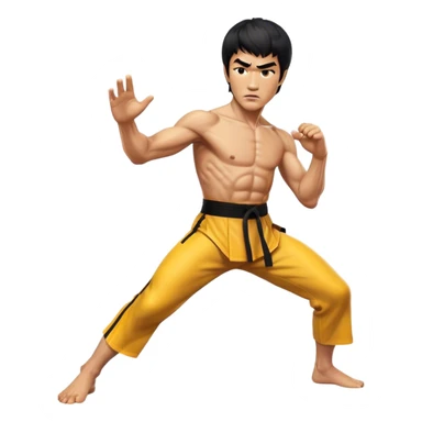 Cinematic Realistic Bruce Lee Portrait Emoji, depicted as a dynamic martial arts icon with an intense gaze and athletic physique caught in a fluid motion, rendered with vivid textures and energetic lighting that embodies his legendary prowess. sticker