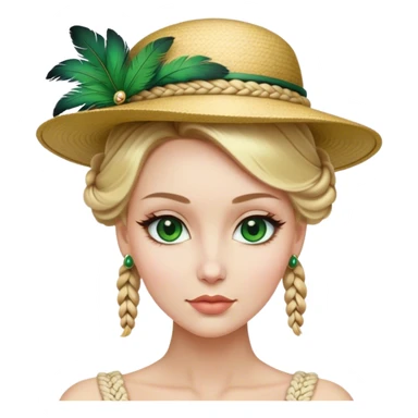 lady with Pale complexion, sharp features, high cheekbones, Blonde hair, usually styled in braided updo, green eyes accessorized with a feathered hat sticker