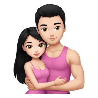 a pretty bratz fair girl. black hair, wearing a pink cami top, she is hugging a handsome fair guy with black hair. lean but muscular.the boy is wearing a black tshirt sticker