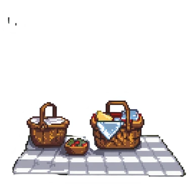 picnic basket and blanket next to a lake sticker