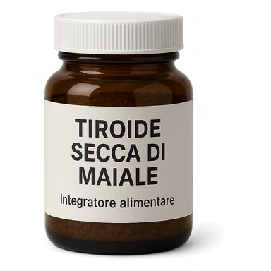 pharmaceutical-style jar of dietary supplement labeled 'Tiroide Secca di Maiale' and 'Integratore alimentare', isolated on white background, clear readable label, hyperrealistic 4K, neutral lighting sticker