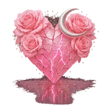 Edit the gothic heart to be formed from splintered light pink glass, a silver crescent moon, light pink roses, sparkling holographic stardust, neon lightning, and a wet, reflective surface. Keep the background transparent. sticker