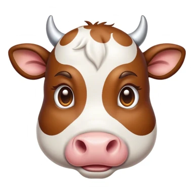 Cinematic Cute Brown and White Cow Portrait Emoji, Head tilted playfully and inquisitively, featuring a glossy, richly patterned hide of brown with striking white patches, round, sparkling brown eyes filled with gentle curiosity, Simplified yet irresistibly adorable features, highly detailed, glowing with a warm, friendly glow, high shine, affectionate and serene, stylized with a touch of country charm, bright and endearing, soft glowing outline, capturing the essence of a mischievous yet loving cow, so playful it feels like it could moo out of the screen and into your arms! sticker