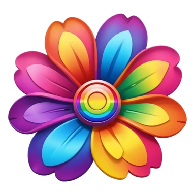 A round psychedelic colored button with a large rainbow colored flower in the center sticker