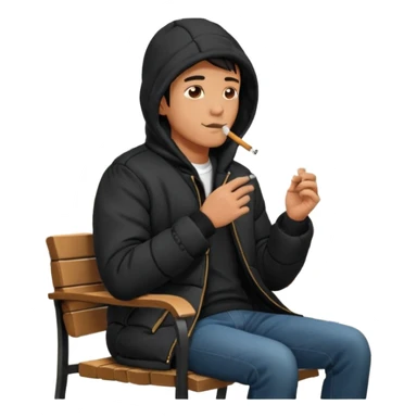 A man sitting on a chair, wearing a black puffed coat with hood, hands in his pocket, smoking a cigaret, he is on a chair, the chair is an outside coffe terrasse chair sticker