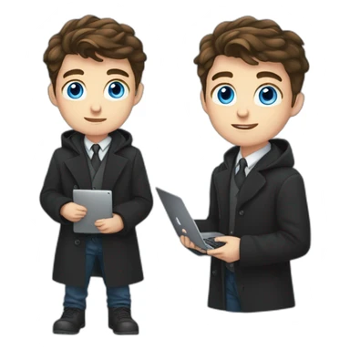 Blue eyes ,uses laptop in hands, uses laptop in hands, Blue eyes, Classy programmer, 13 years old, coat, formal outfit, pc in hands, brunette boy, black coat, all body sticker