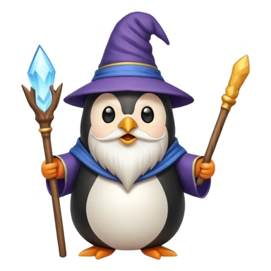 chubby penguin wizard with a long beard and a wand, emoji style sticker
