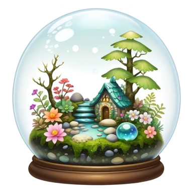 Sparkly shiny iridescent Mystical woodland glass-dome-terrarium-globe with moss inside, with marbles, with pebbles, crystals, with bones inside, and flowers inside  sticker