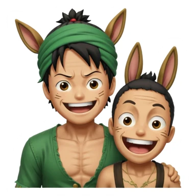 Luffy is riding on Zoro's back, and Zoro looks hilariously like the donkey. Zoro looks angry, and Luffy is laughing. The whole scene is very funny. sticker