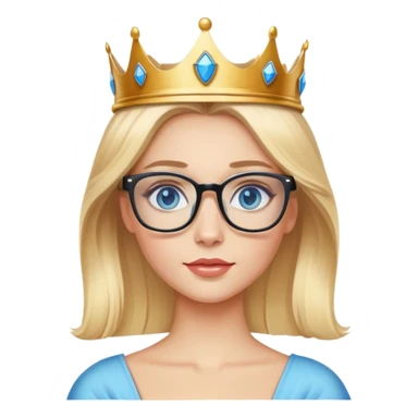 beautiful princess with blonde hair, bright blue eyes, wearing stylish glasses and a crown sticker