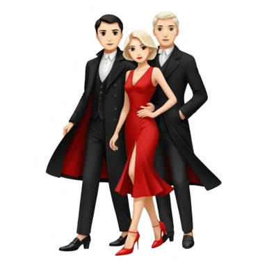 Ultra detailed realistic tango couple icon, black background, dramatic lighting, long black coat on man, white shirt and white shoes, red dress and white heels on woman, centered, minimal background, high contrast, 4K resolution, profile picture ready, sharp clean edges sticker