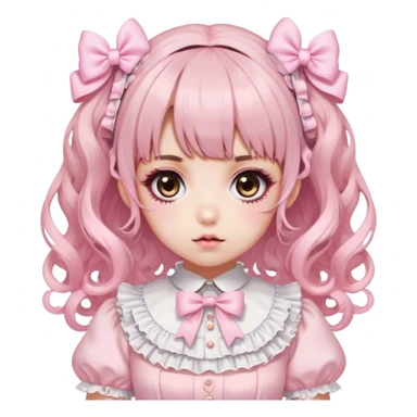 pale girl, who has curly medium length black and baby pink ends swirled hair with bangs and bows in hair, brown eyes, and doll like makeup, in a light pink lolita hime gyaru dress sticker