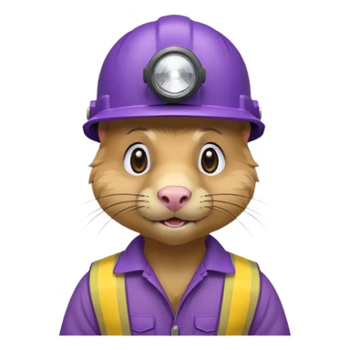 a mole rat, purple helmet, headlamp, yellow worker cloth sticker
