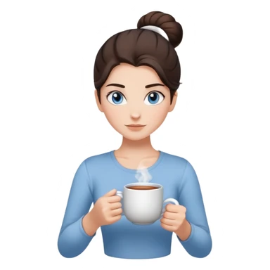 With her dark brown hair pulled back in a bun, and captivating grey-blue eyes, the girl holds a mug of tea, the steam rising like a gentle promise of warmth, clad in a simple white t-shirt.  sticker