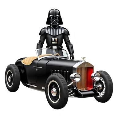 Wednesday Adam’s Blood stained Satanic Darth Vader black Bare bones (channeled cowl) drag racing and speed record modified (fenders removed) chopped streamlined sporty roadster that is a (stripped down) hot street rodded engine sports car 1952 Rolls Royce Woody futuristic  wide racing wheels sticker