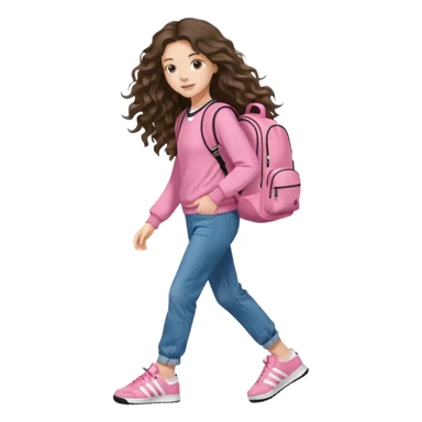 aestethic brunette very,very,very long wavy hair walking with a school backpack (no brand) with a cute jeans, pink sweat, adidas samba shoes sticker