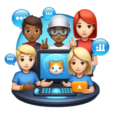 An icon representing multiplayer gaming, featuring a digital arena where diverse characters compete or cooperate. Avatars, chat bubbles, and team icons symbolize online interaction. A game HUD displays player stats, emphasizing teamwork and rivalry. Transparent background. sticker