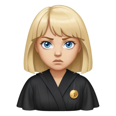 Angry with blue eyes, blonde hair with bangs, circles under her eyes from being tired in a black judges robe sticker