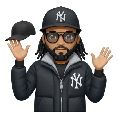 African American man with shoulder length black dreadlocks with black beard wearing black sunglasses wearing a black New York Yankees logo baseball cap wearing a black bubble winter coat with hands out with both palms facing down sticker
