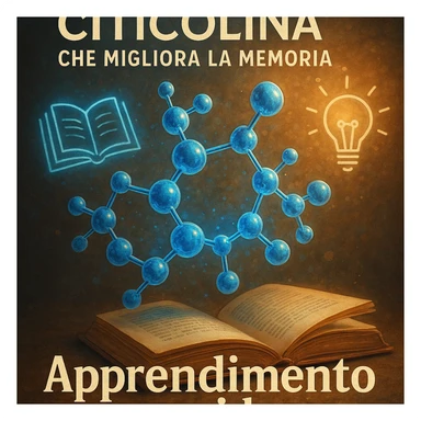 Citicolina che migliora la memoria, iper realistico, molecola blu che attiva simboli di libri e lampadine, scritta 'Apprendimento rapido', atmosfera creativa, dettagli realistici sticker