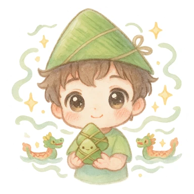 kawaii chibi boy, big sparkling eyes, wearing a zongzi hat, holding a mini rice dumpling, with tiny dragon boats, floating ribbons, star sparkles, soft pastel watercolor, fluffy lines sticker