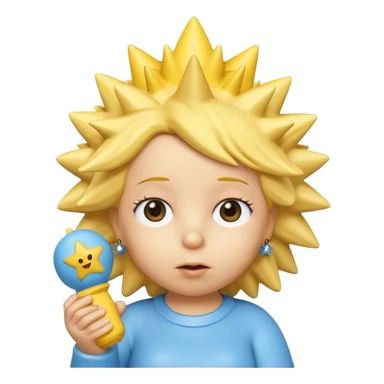 A 3D cartoon close-up of Maggie Simpson, baby from The Simpsons, rendered in Memoji-style with smooth yellow skin, spiky star-shaped hair, blue pacifier, and simple shading. Bright studio lighting, cinematic close-up framing consistent with Bart, Marge, Homer, and Lisa. sticker