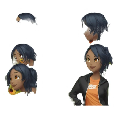 Lady with brunette and iridescent blue hair, gold, lime green dragon wings, black hoodie, bleach dyed, black and gold Nike t shirt, and bright red eyes sticker